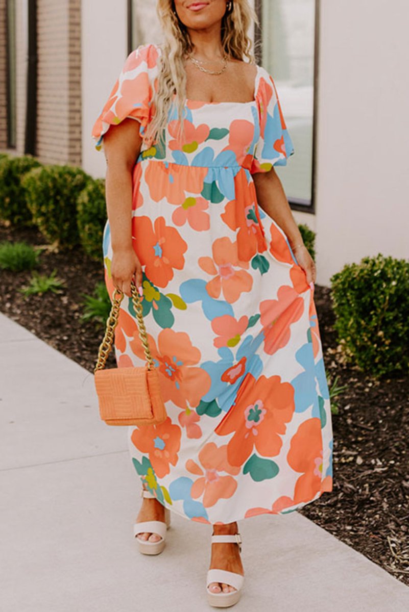 Plus Size Orange Crush Flowery Maxi Dress - Klazzi Fashion Boutique