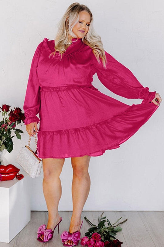 Plus Size Ruffled Bubble Sleeve Pink Rose Dress - Klazzi Fashion Boutique