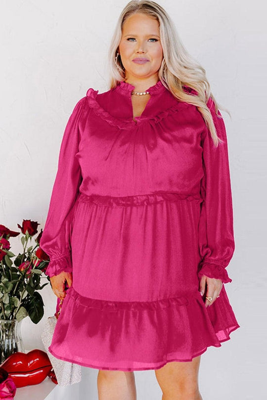 Plus Size Ruffled Bubble Sleeve Pink Rose Dress - Klazzi Fashion Boutique