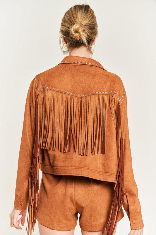 Plus Size Studded Suede Fringe Jacket - Klazzi Fashion Boutique