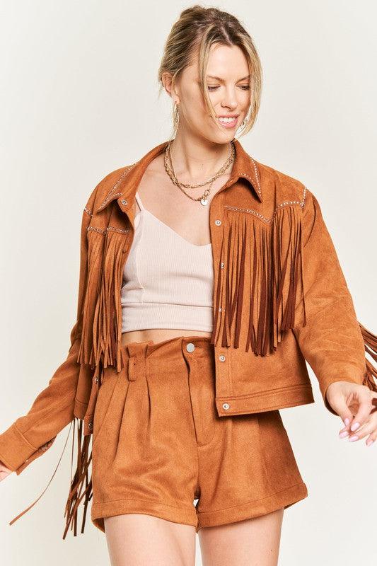 Plus Size Studded Suede Fringe Jacket - Klazzi Fashion Boutique