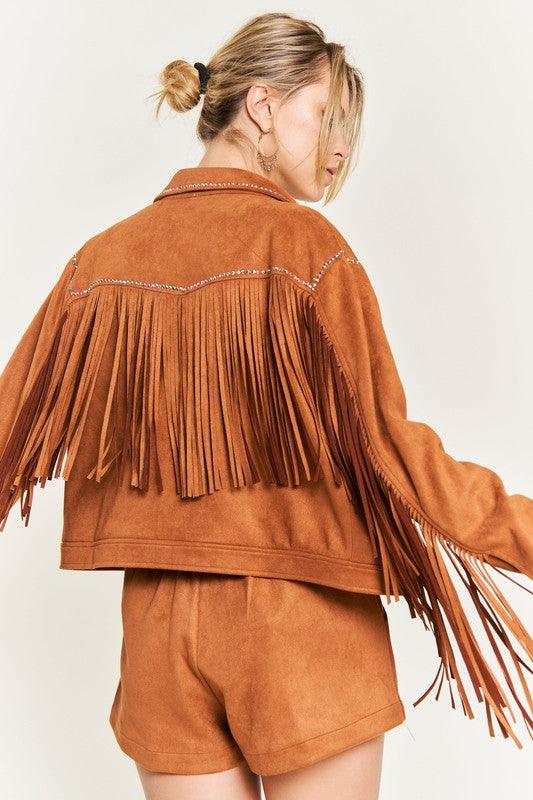 Plus Size Studded Suede Fringe Jacket - Klazzi Fashion Boutique