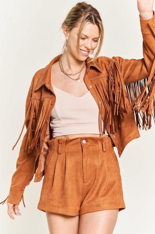 Plus Size Studded Suede Fringe Jacket - Klazzi Fashion Boutique