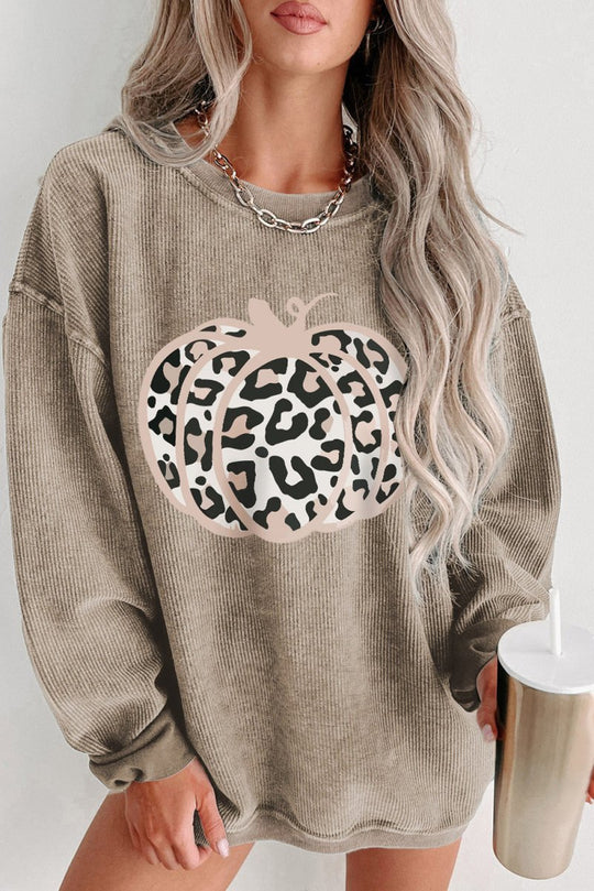 Pumpkin Leopard Halloween Graphic Corduroy Sweatshirt - Klazzi Fashion Boutique