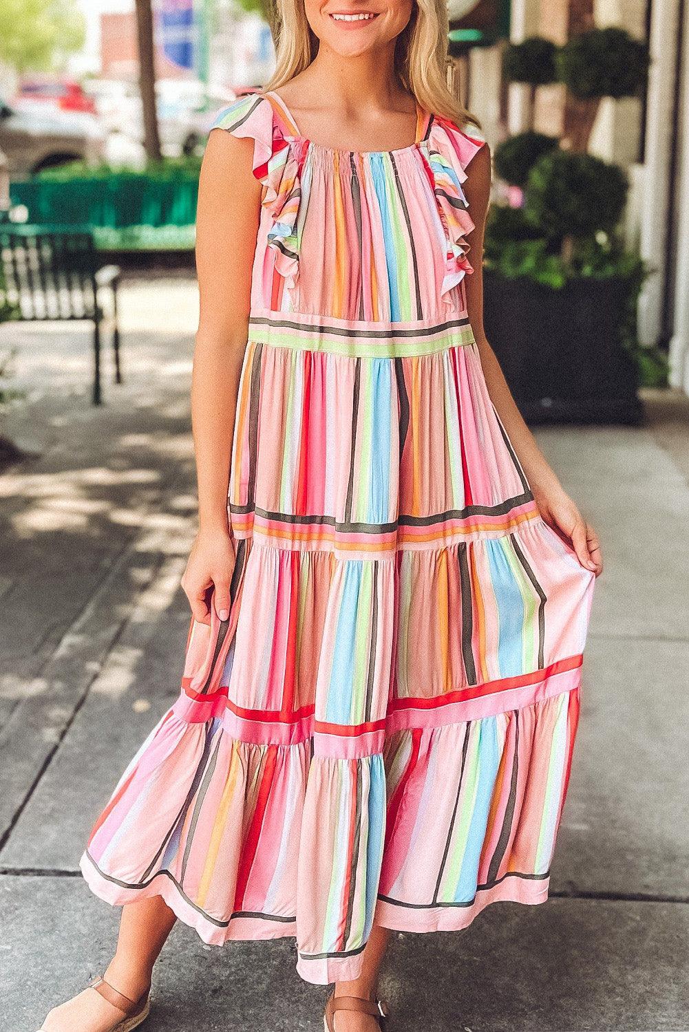 Rainbow Stripe Ruffled Tiered Dress