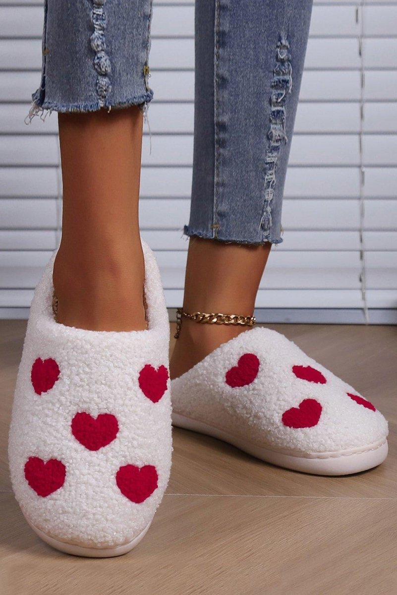 Red Hearts Valentines White Plush Slippers - Klazzi Fashion Boutique