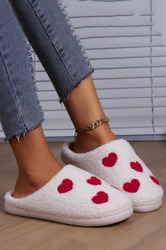 Red Hearts Valentines White Plush Slippers - Klazzi Fashion Boutique