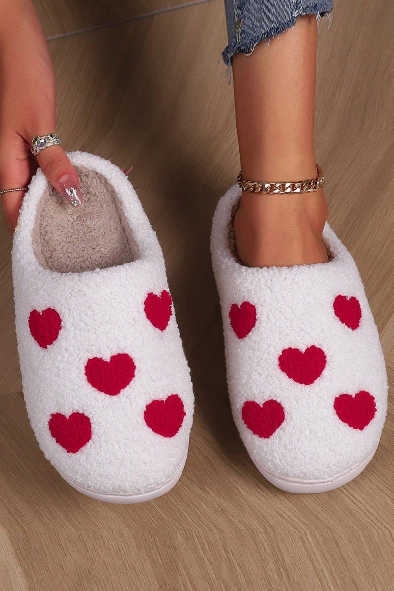 Red Hearts Valentines White Plush Slippers - Klazzi Fashion Boutique