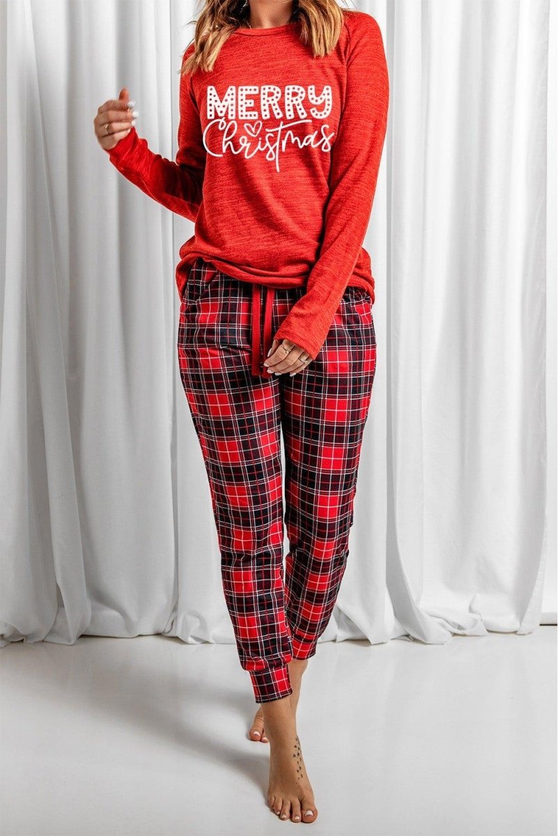 Red "MERRY Christmas" Graphic Plaid Pajama Set - Klazzi Fashion Boutique