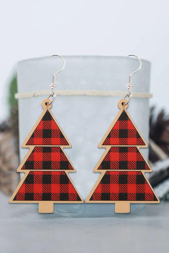 Wooden Red Plaid Christmas Tree Earrings