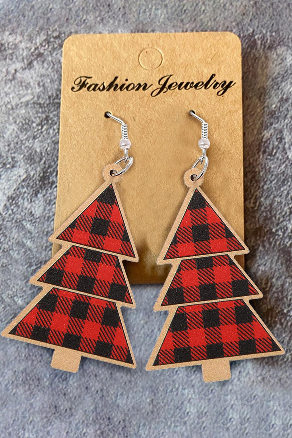 Wooden Red Plaid Christmas Tree Earrings