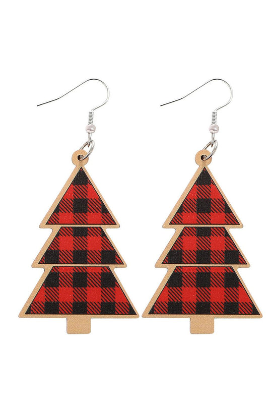 Wooden Red Plaid Christmas Tree Earrings