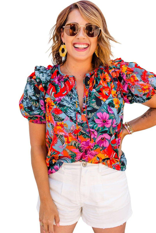 Red Ruffled Multicolor Floral Blouse - Klazzi Fashion Boutique