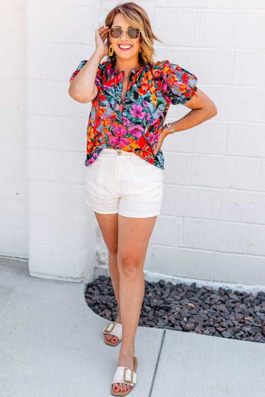 Red Ruffled Multicolor Floral Blouse - Klazzi Fashion Boutique