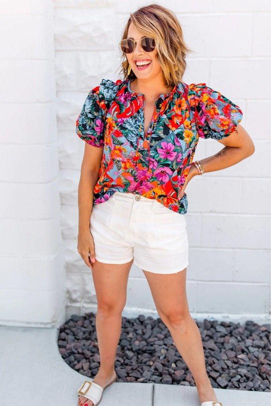 Red Ruffled Multicolor Floral Blouse - Klazzi Fashion Boutique