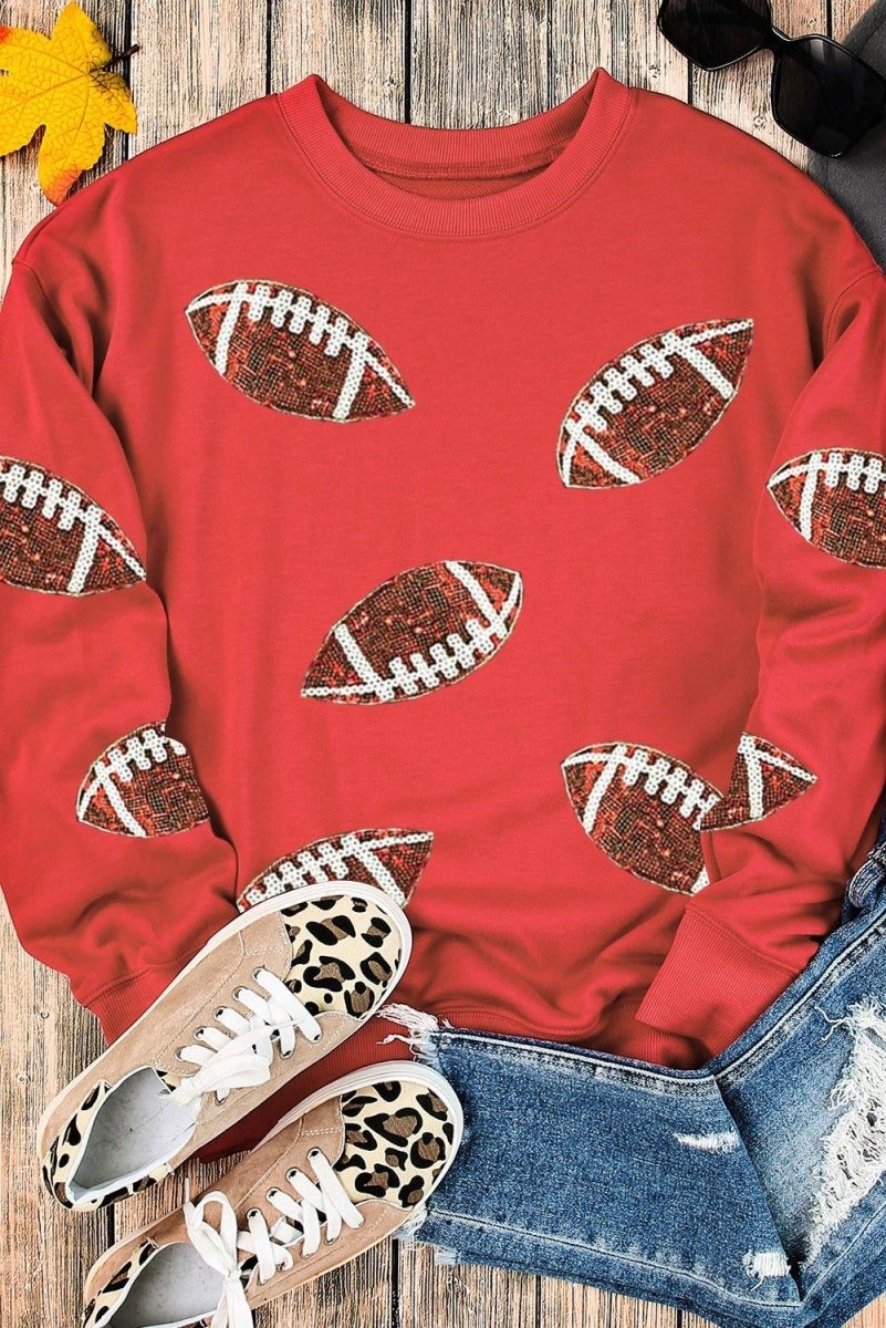 Red Rugby Sequined Football Graphic Sweatshirt - Klazzi Fashion Boutique