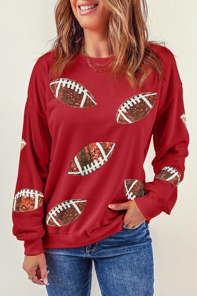 Red Rugby Sequined Football Graphic Sweatshirt - Klazzi Fashion Boutique