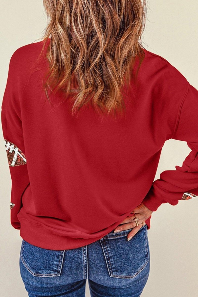 Red Rugby Sequined Football Graphic Sweatshirt - Klazzi Fashion Boutique