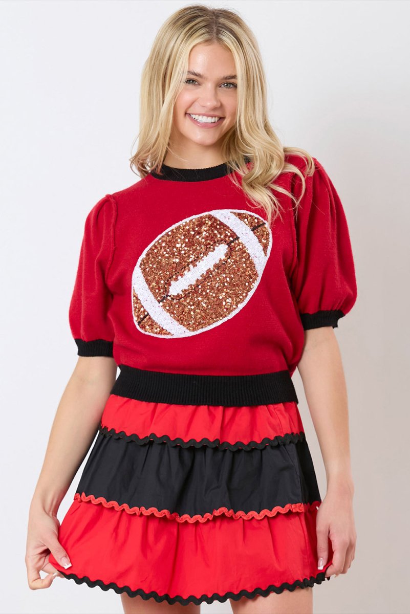 Red Sequin Football Short Sleeve Puff Sweater - Klazzi Fashion Boutique