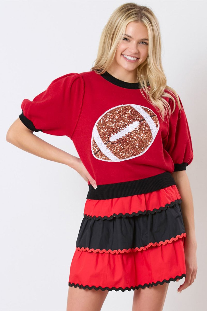 Red Sequin Football Short Sleeve Puff Sweater - Klazzi Fashion Boutique