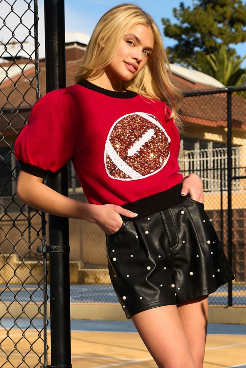 Red Sequin Football Short Sleeve Puff Sweater - Klazzi Fashion Boutique