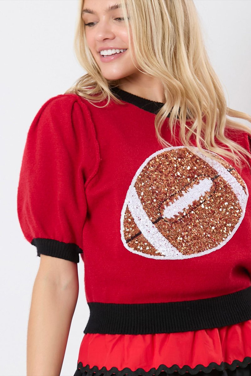 Red Sequin Football Short Sleeve Puff Sweater - Klazzi Fashion Boutique