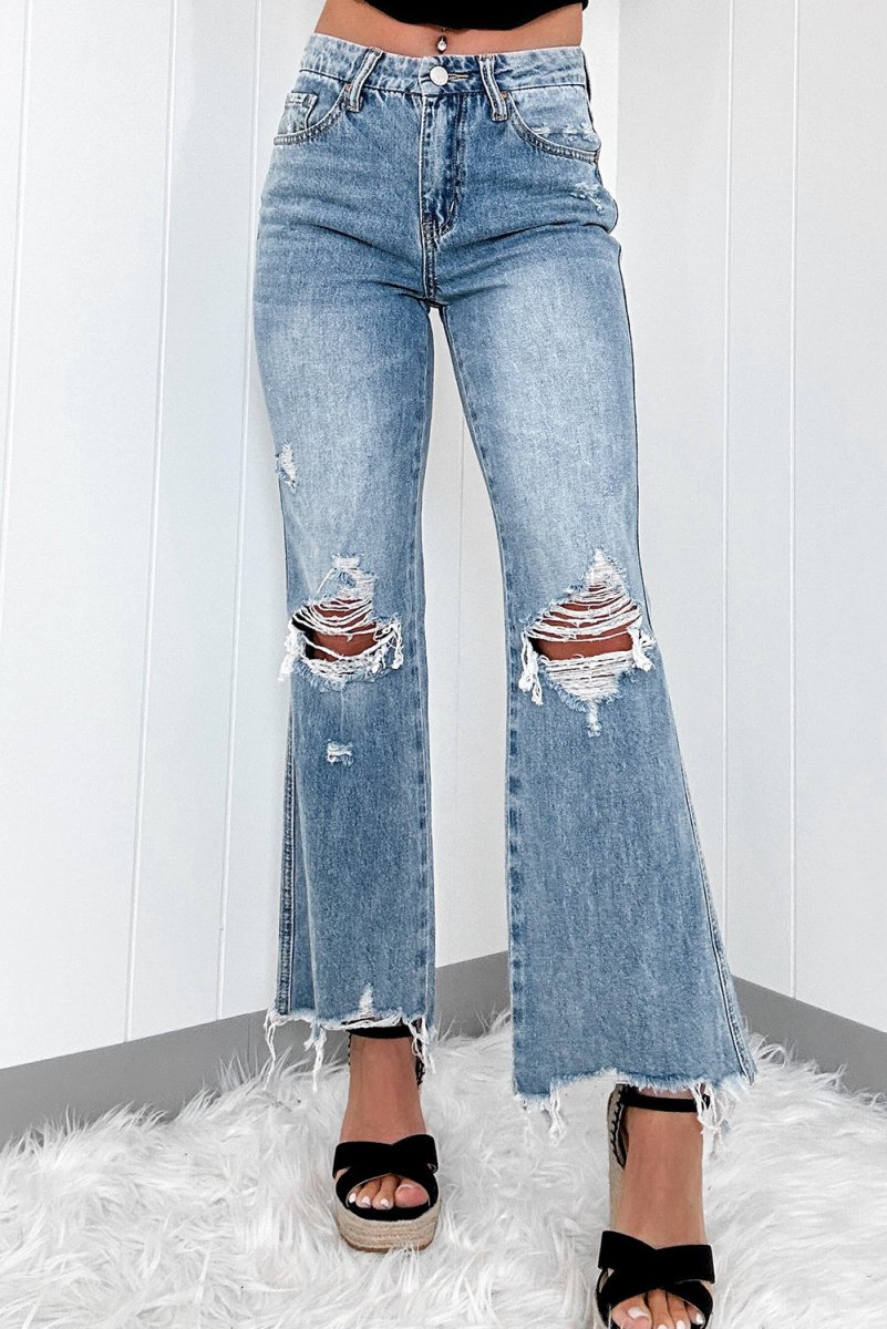 Ripped Distressed Flared Denim Jeans - Klazzi Fashion Boutique