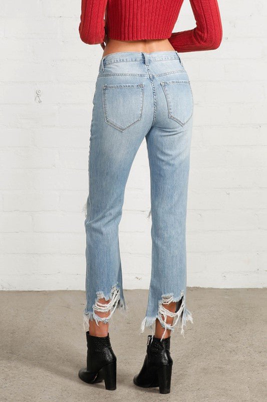 Ripped Frayed High Rise Cropped Straight Denim - Klazzi Fashion Boutique