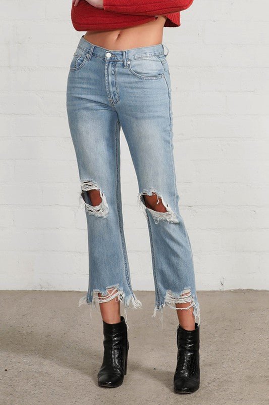 Ripped Frayed High Rise Cropped Straight Denim - Klazzi Fashion Boutique