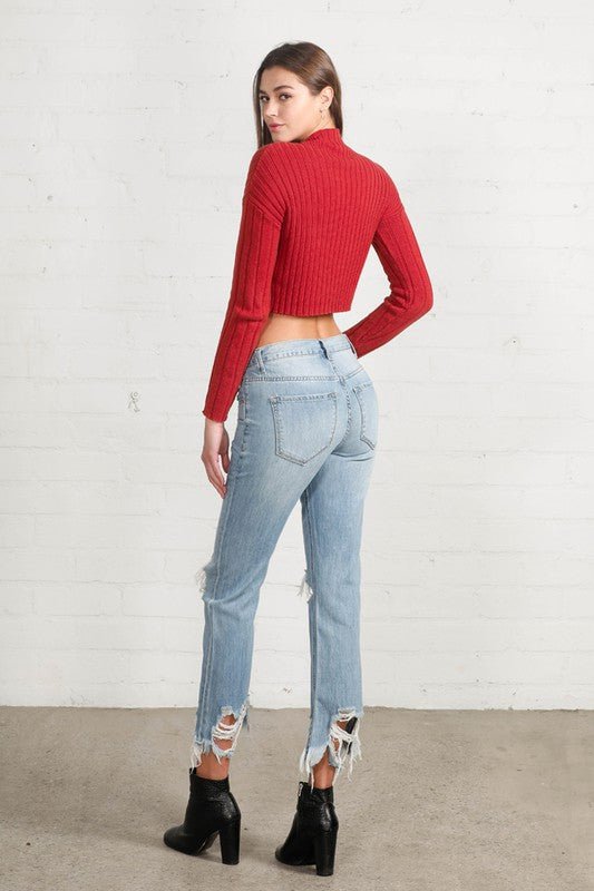 Ripped Frayed High Rise Cropped Straight Denim - Klazzi Fashion Boutique