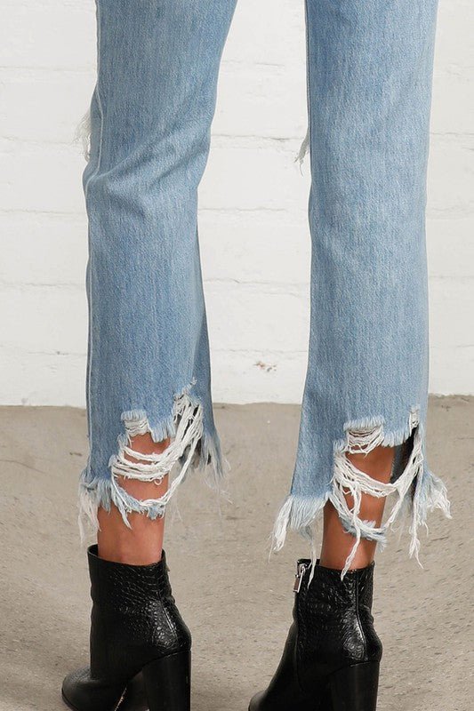 Ripped Frayed High Rise Cropped Straight Denim - Klazzi Fashion Boutique