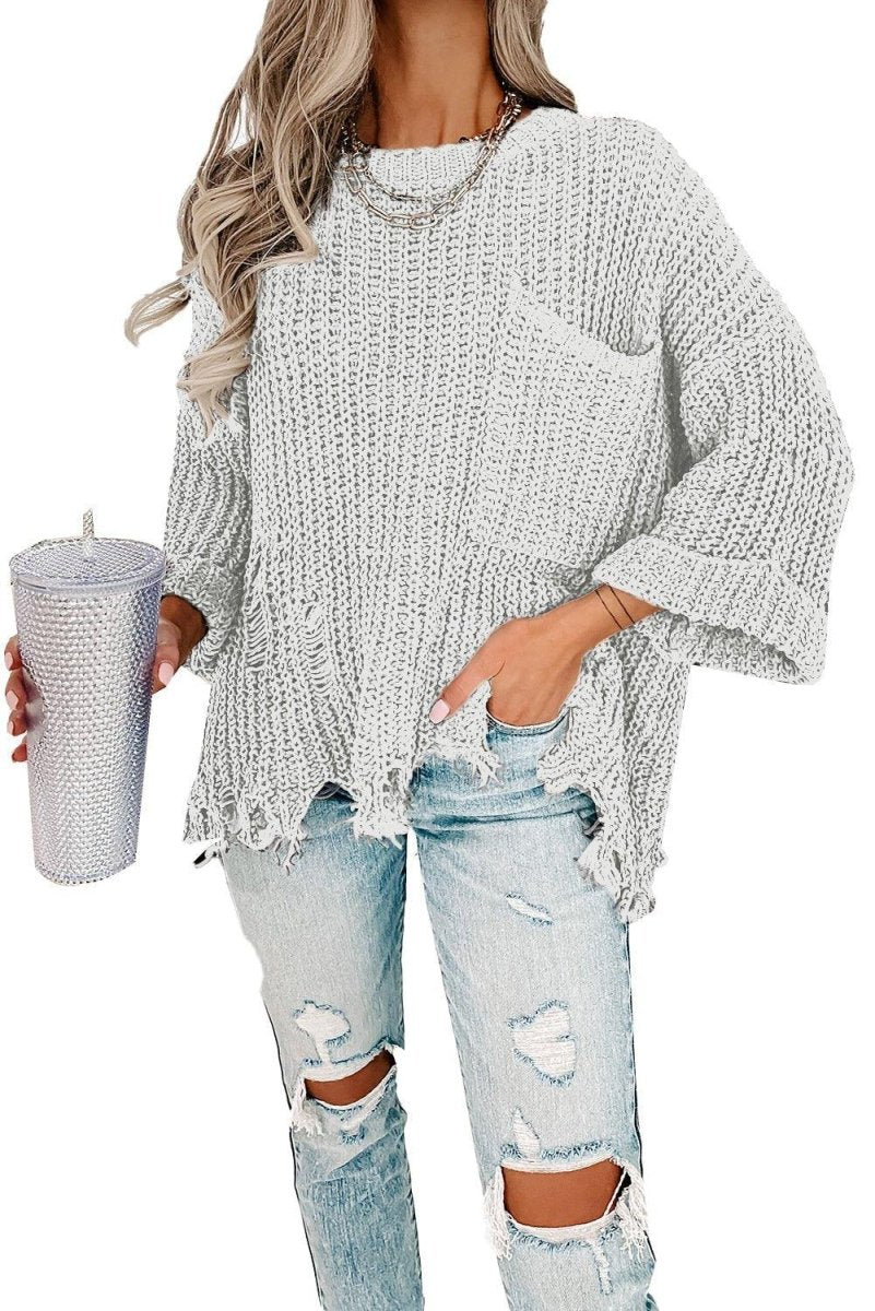 Ripped Fringy Chunky Sweater - Klazzi Fashion Boutique