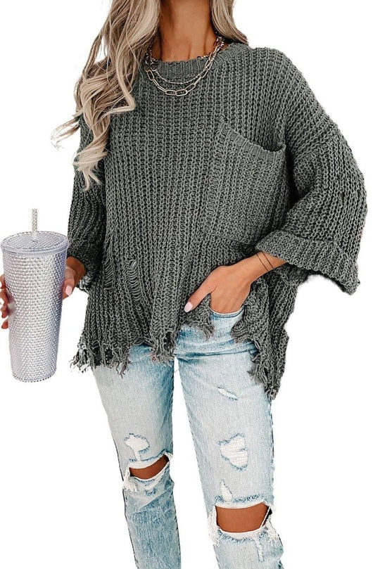 Ripped Fringy Chunky Sweater - Klazzi Fashion Boutique