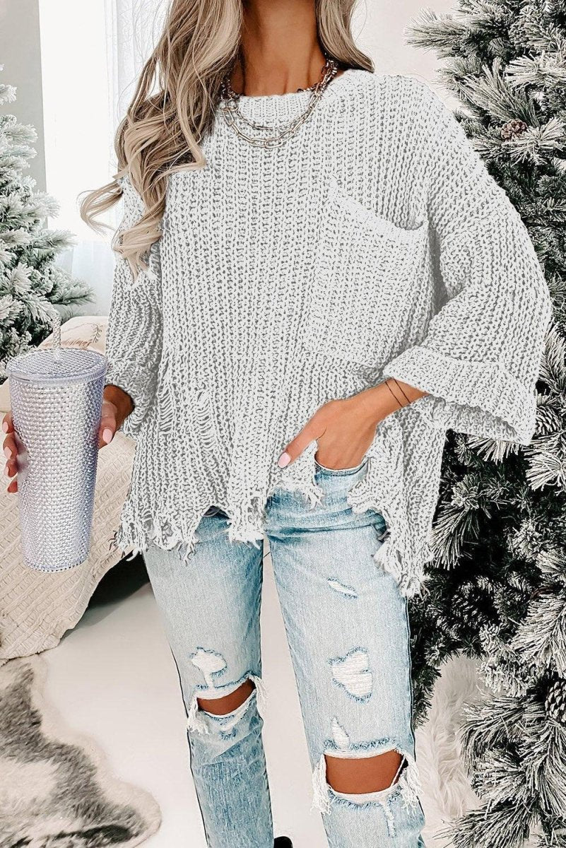 Ripped Fringy Chunky Sweater - Klazzi Fashion Boutique