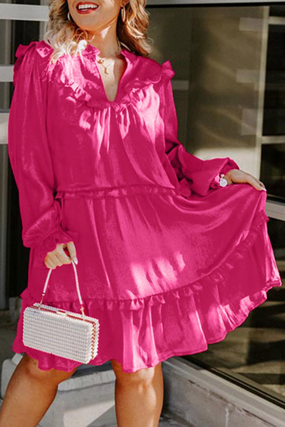  Plus Size Ruffled Bubble Sleeve Pink Rose Dress