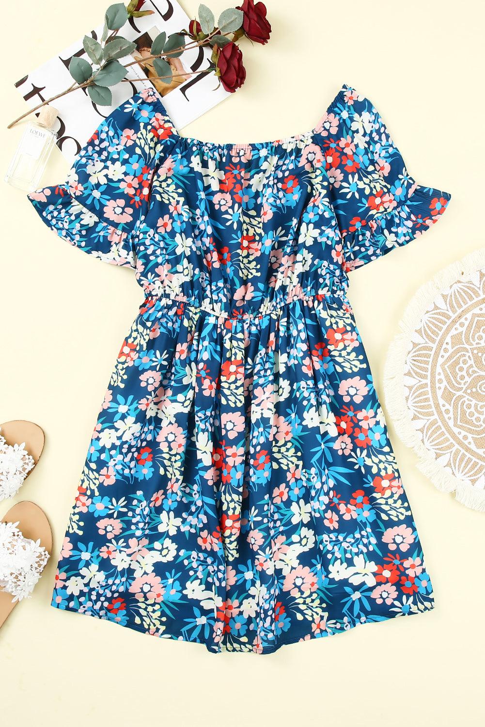 Ruffle Floral Blue Square Neck Dress