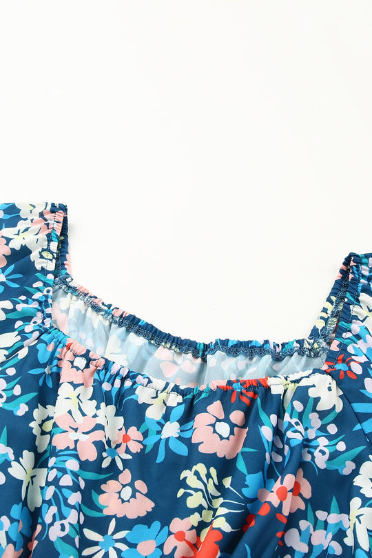 Ruffle Floral Blue Square Neck Dress - Klazzi Fashion Boutique