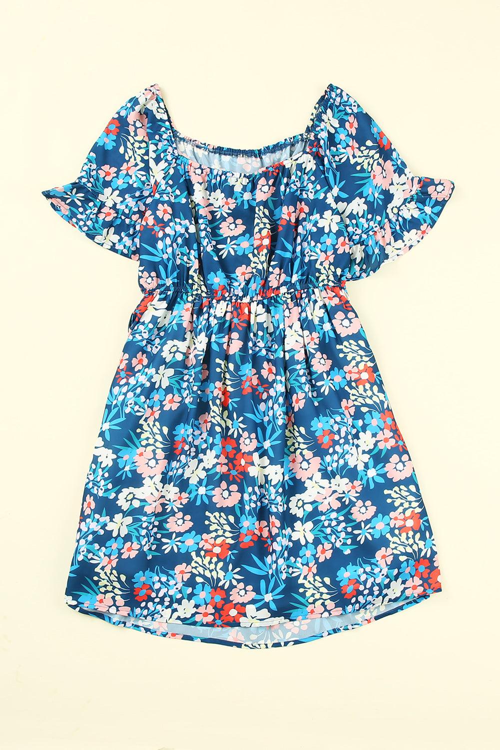 Ruffle Floral Blue Square Neck Dress - Klazzi Fashion Boutique