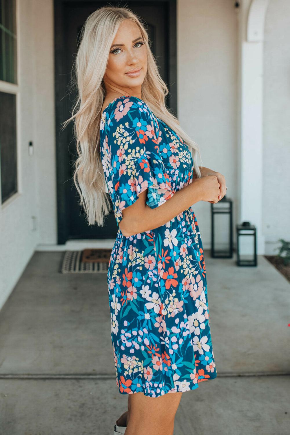 Ruffle Floral Blue Square Neck Dress