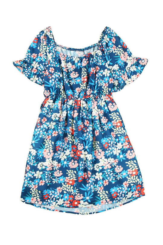 Ruffle Floral Blue Square Neck Dress - Klazzi Fashion Boutique