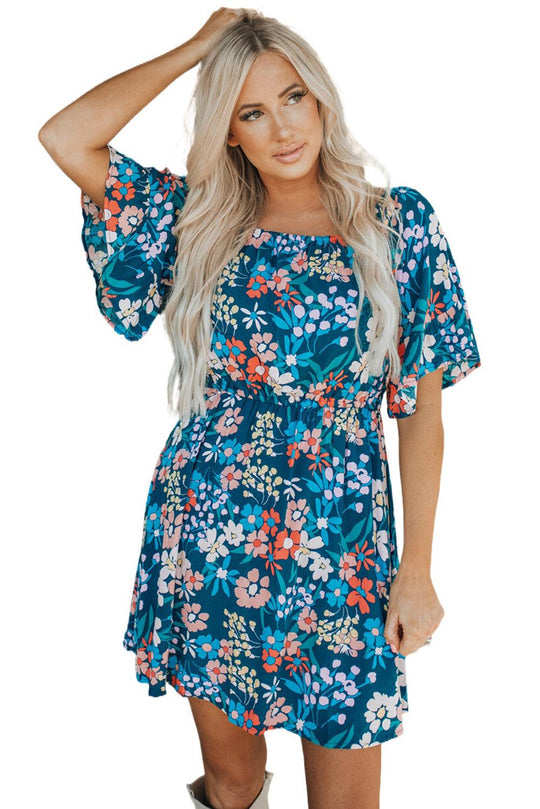 Ruffle Floral Blue Square Neck Dress - Klazzi Fashion Boutique