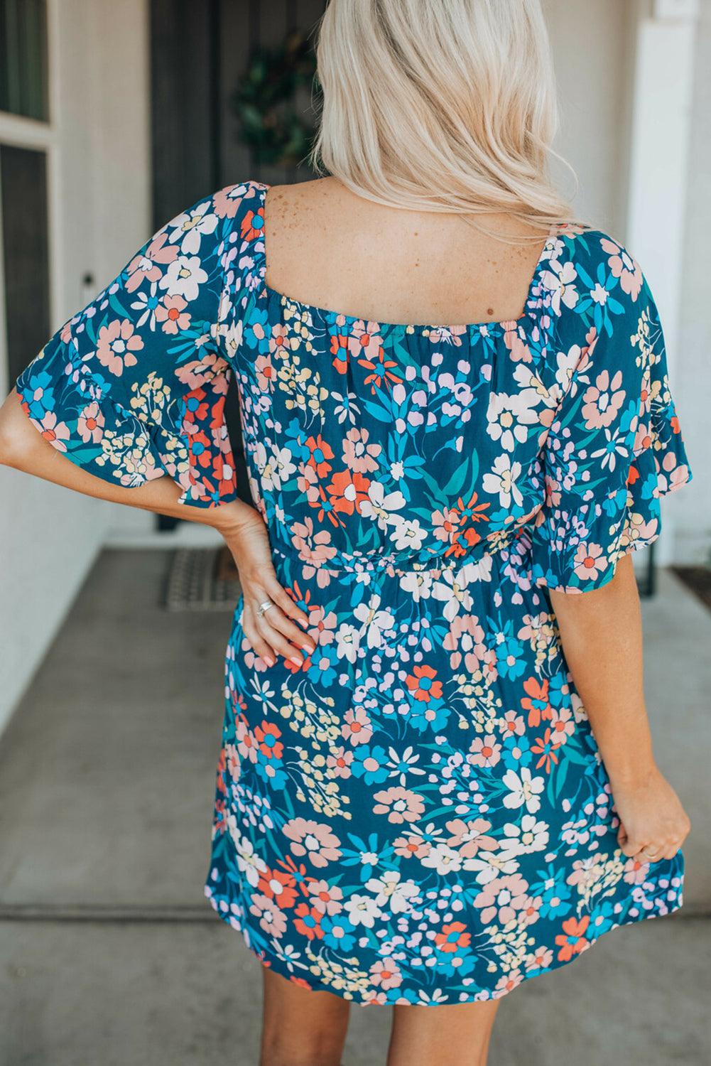 Ruffle Floral Blue Square Neck Dress