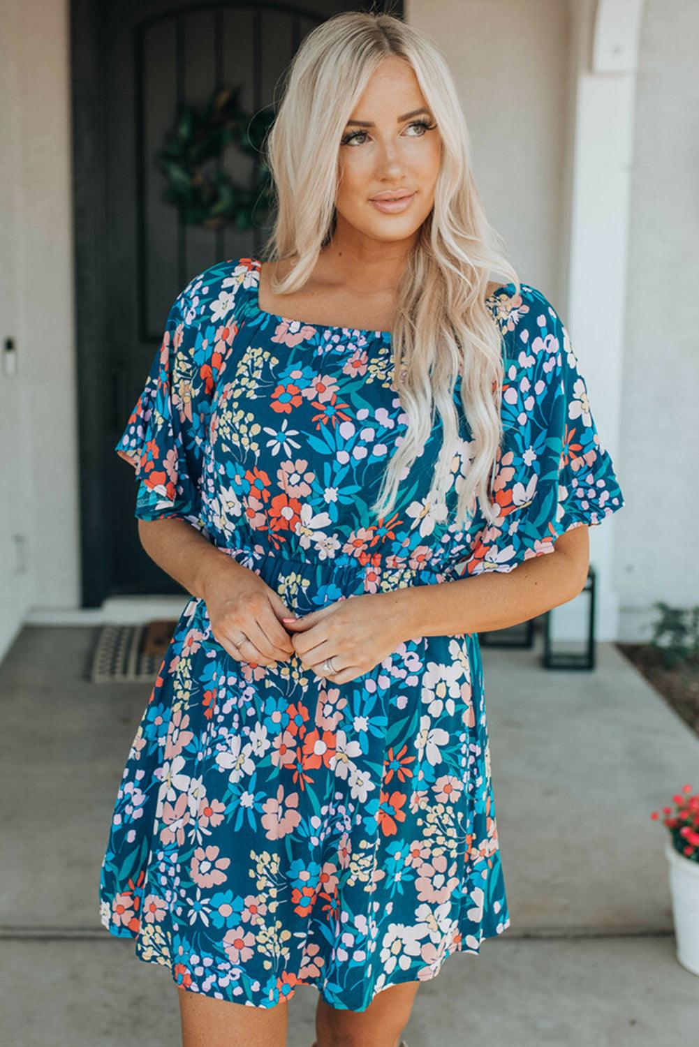 Ruffle Floral Blue Square Neck Dress - Klazzi Fashion Boutique