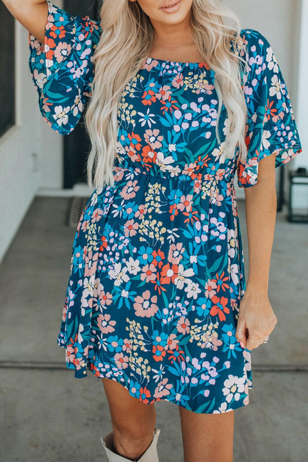 Ruffle Floral Blue Square Neck Dress