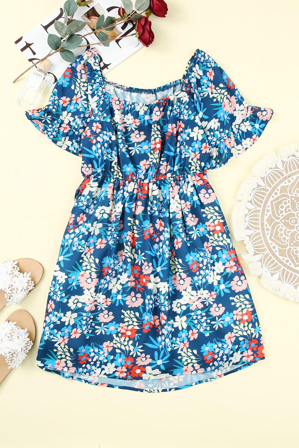 Ruffle Floral Blue Square Neck Dress - Klazzi Fashion Boutique