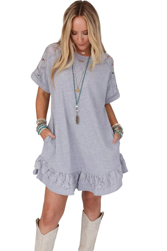 Ruffled Grey Lace Floral T-shirt Dress