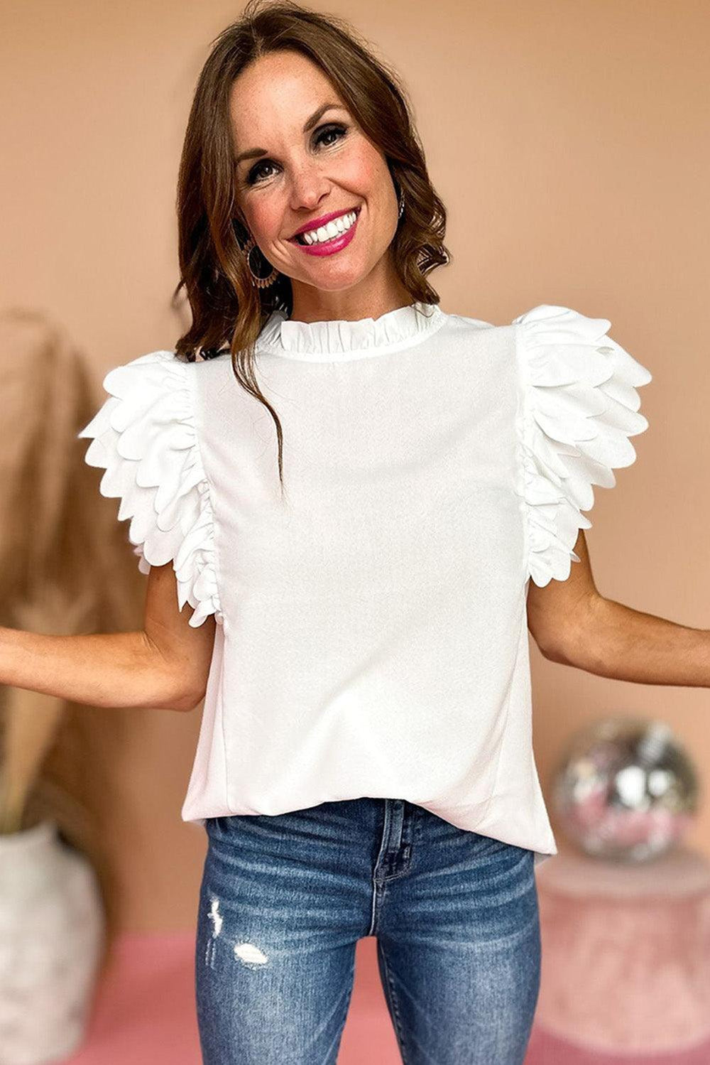 Ruffled White Scalloped Ruffle Sleeve Blouse