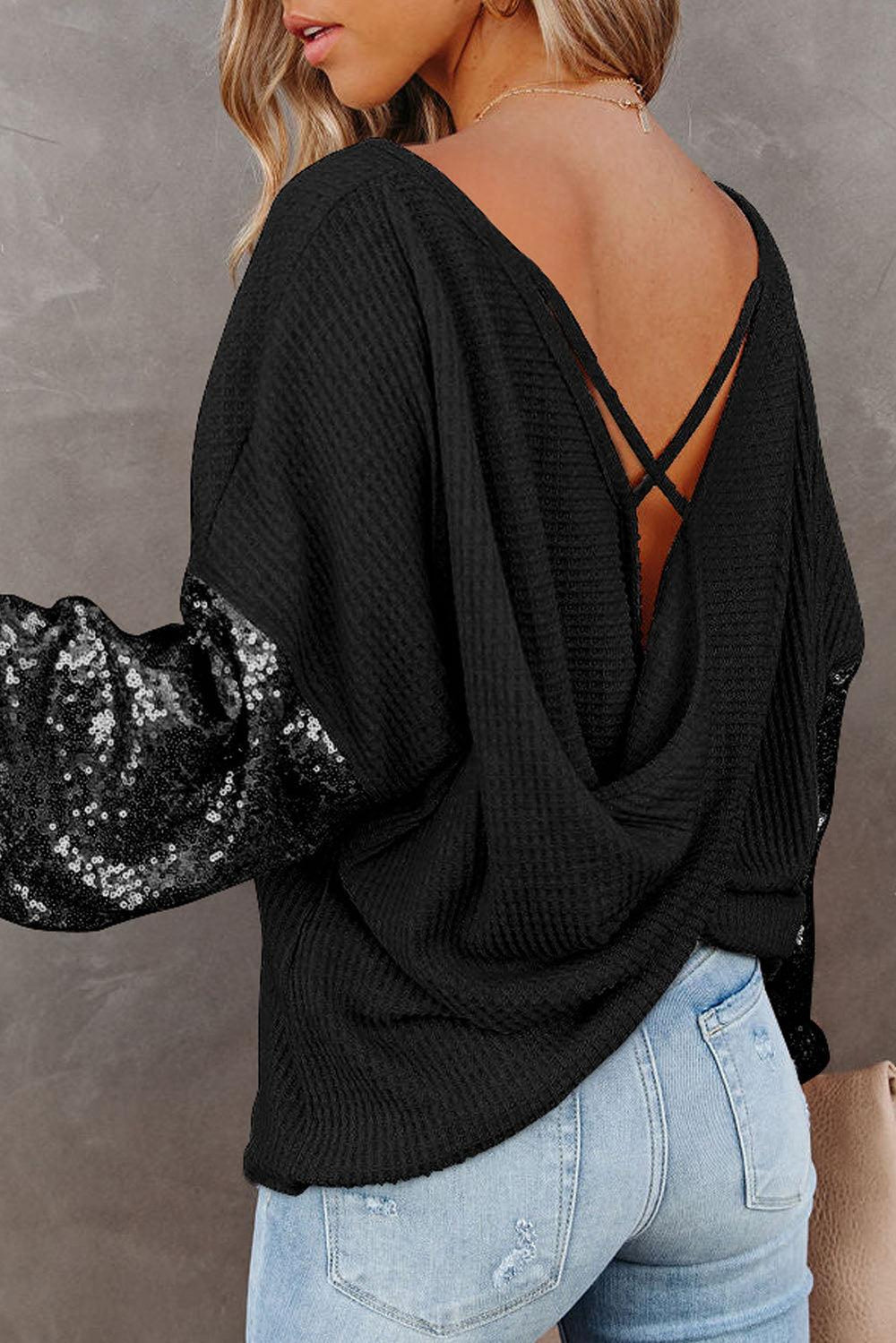 Sequin Sleeve Waffle Knit Top - Klazzi Fashion Boutique