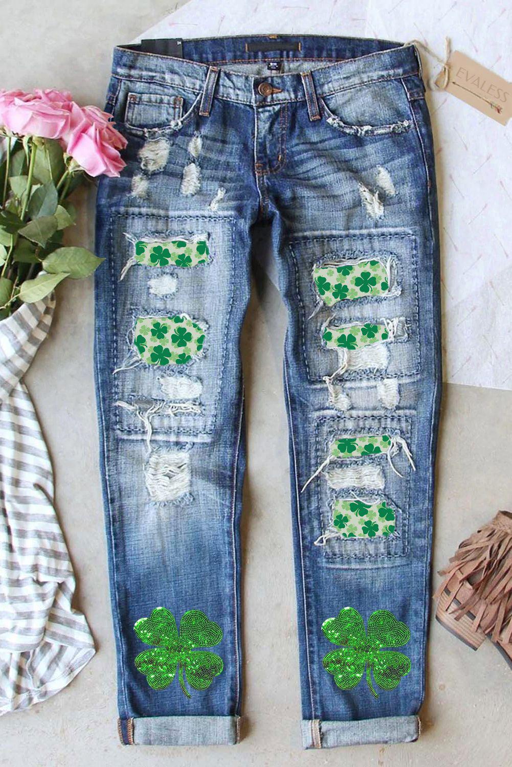Sequin St. Patrick's Clover Distressed Jeans - Klazzi Fashion Boutique