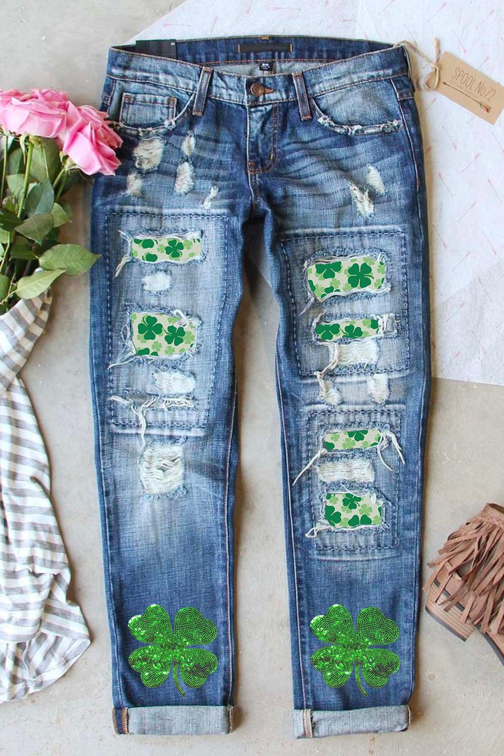 Sequin St. Patrick's Clover Distressed Jeans - Klazzi Fashion Boutique